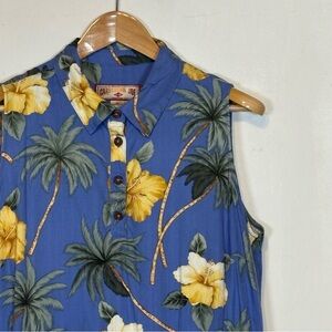 Caribbean Joe Women’s Blue Shirt with Yellow Hibiscus and Green Palms Size 1X